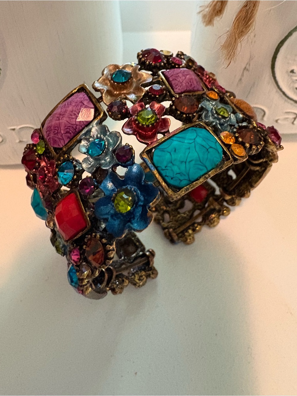 KIRK FOLLEY Antique Bronze Cuff Braclet Rhinestones Floral Vintage